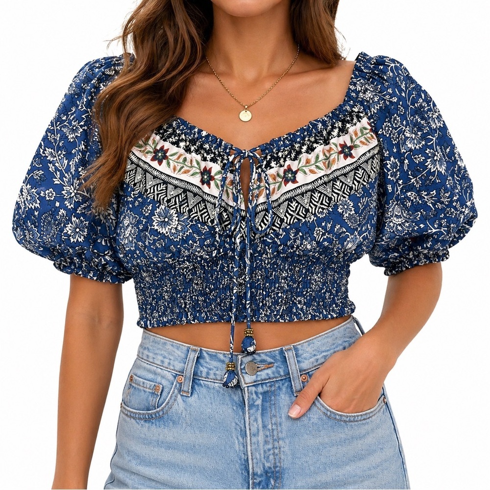 Joie Blue Floral Smocked Crop Top Boho Puff Sleeve Peasant Blouse S